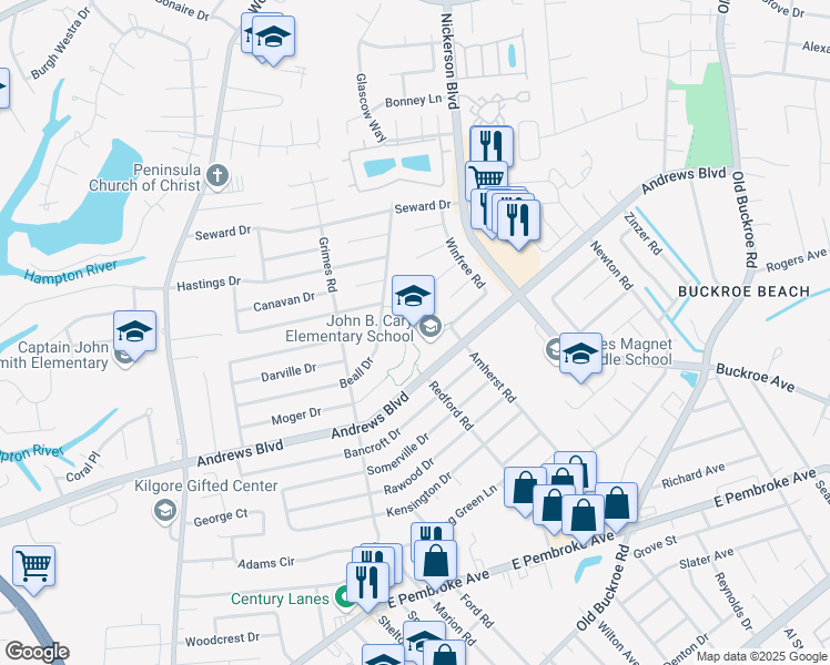 map of restaurants, bars, coffee shops, grocery stores, and more near 2009 Andrews Boulevard in Hampton