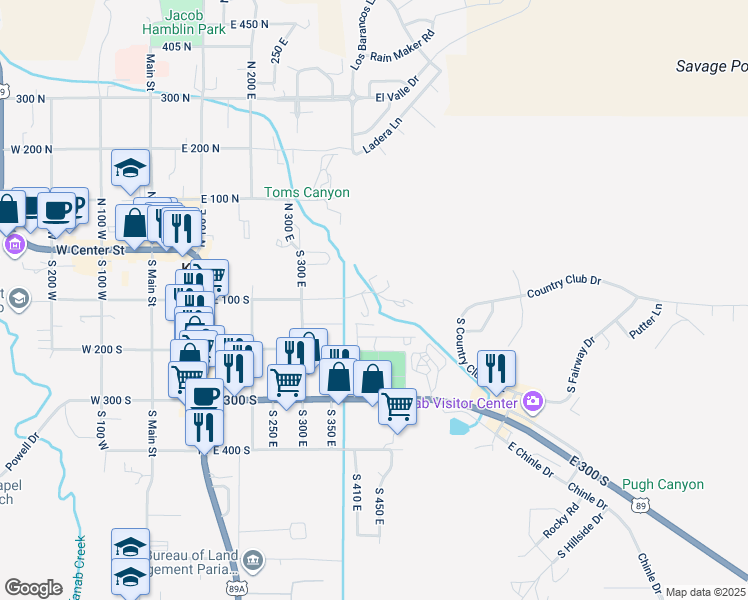 map of restaurants, bars, coffee shops, grocery stores, and more near 441 East 100 South in Kanab