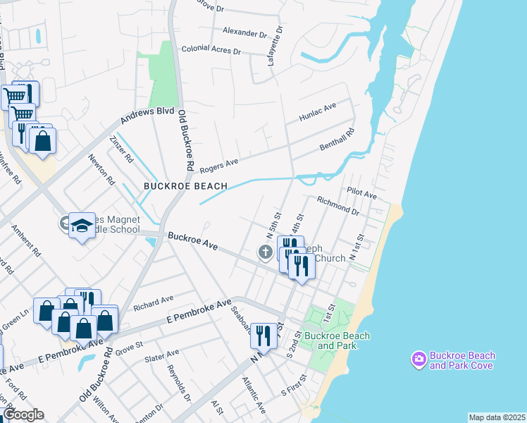 map of restaurants, bars, coffee shops, grocery stores, and more near 213 6th Street in Hampton