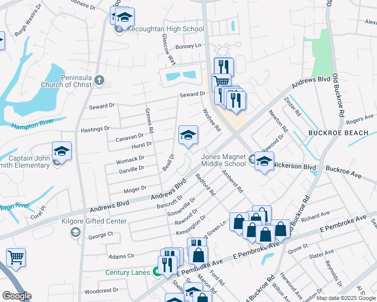 map of restaurants, bars, coffee shops, grocery stores, and more near 2009 Andrews Boulevard in Hampton