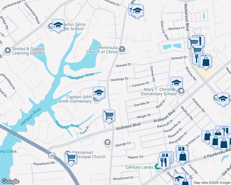 map of restaurants, bars, coffee shops, grocery stores, and more near 380 Woodland Road in Hampton