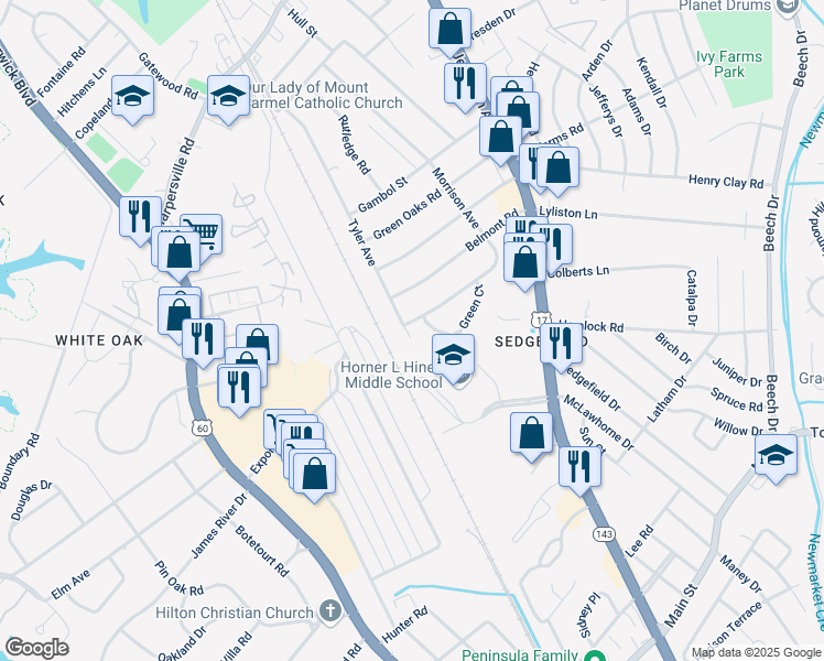 map of restaurants, bars, coffee shops, grocery stores, and more near 1168 Tyler Avenue in Newport News