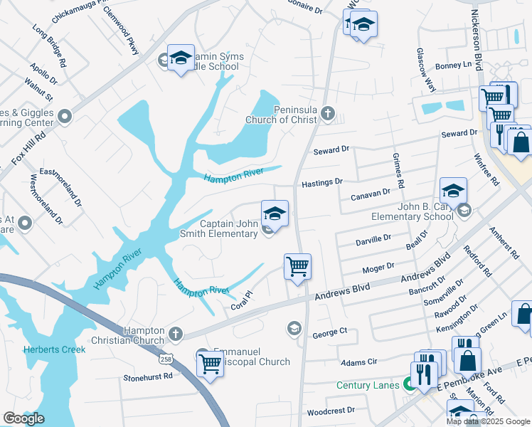 map of restaurants, bars, coffee shops, grocery stores, and more near 323 Beechmount Drive in Hampton
