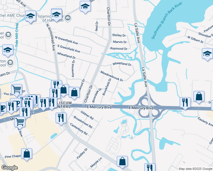 map of restaurants, bars, coffee shops, grocery stores, and more near 21 Brookfield Drive in Hampton