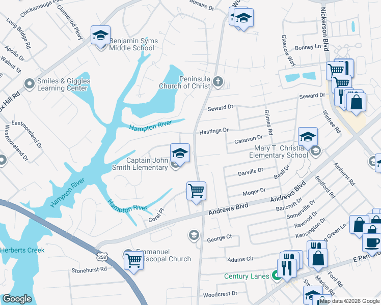 map of restaurants, bars, coffee shops, grocery stores, and more near 332 Alcove Drive in Hampton