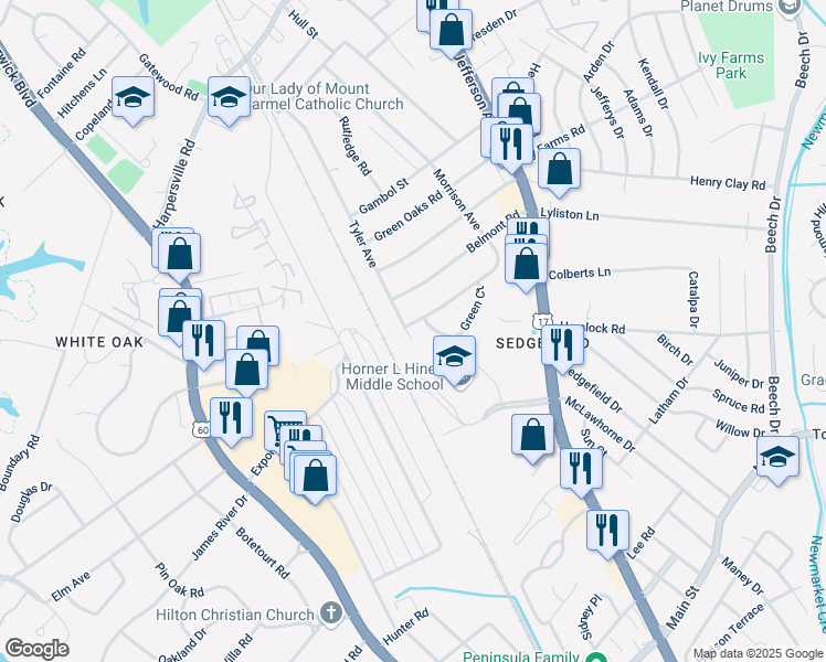 map of restaurants, bars, coffee shops, grocery stores, and more near 1168 Tyler Avenue in Newport News