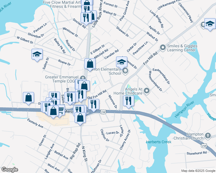 map of restaurants, bars, coffee shops, grocery stores, and more near 33 Old Fox Hill Road in Hampton