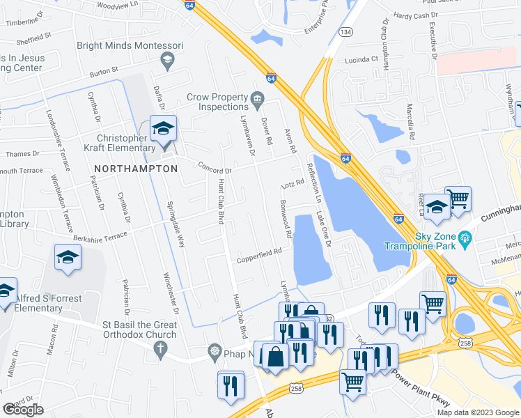 map of restaurants, bars, coffee shops, grocery stores, and more near 123 Lynnhaven Drive in Hampton