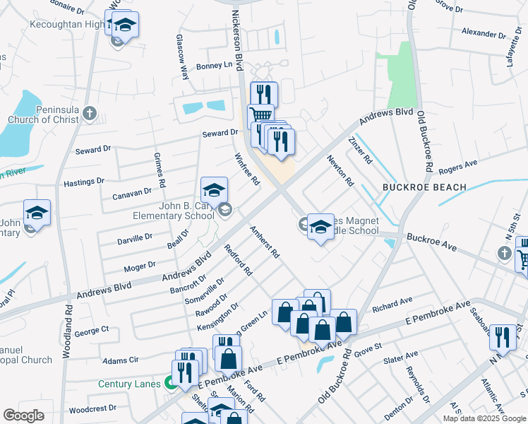 map of restaurants, bars, coffee shops, grocery stores, and more near 2108 Andrews Boulevard in Hampton