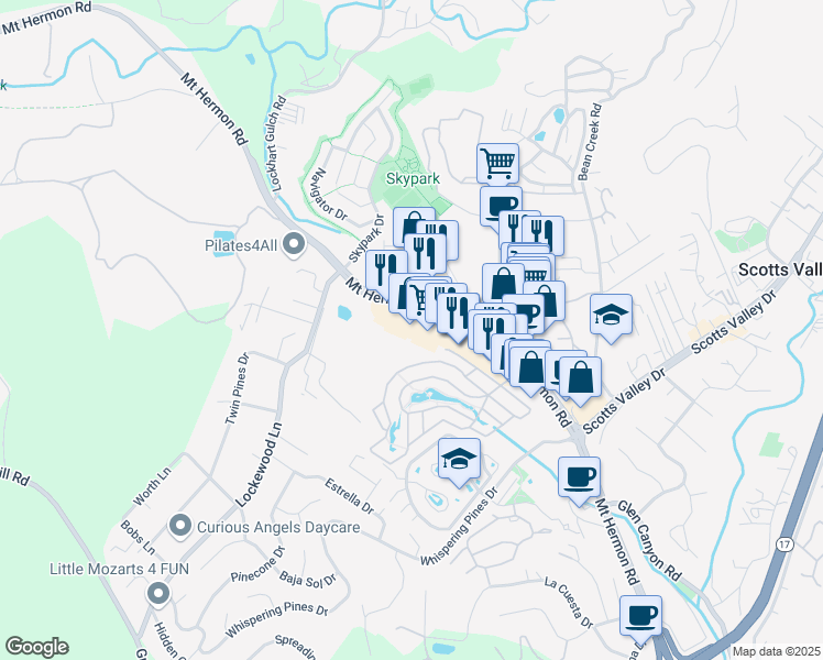 map of restaurants, bars, coffee shops, grocery stores, and more near 255 Mount Hermon Road in Scotts Valley
