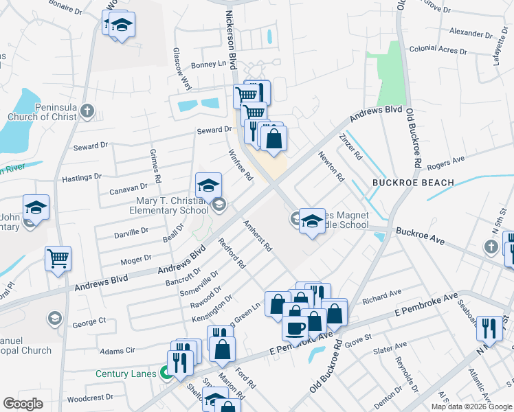 map of restaurants, bars, coffee shops, grocery stores, and more near 2115 Andrews Boulevard in Hampton