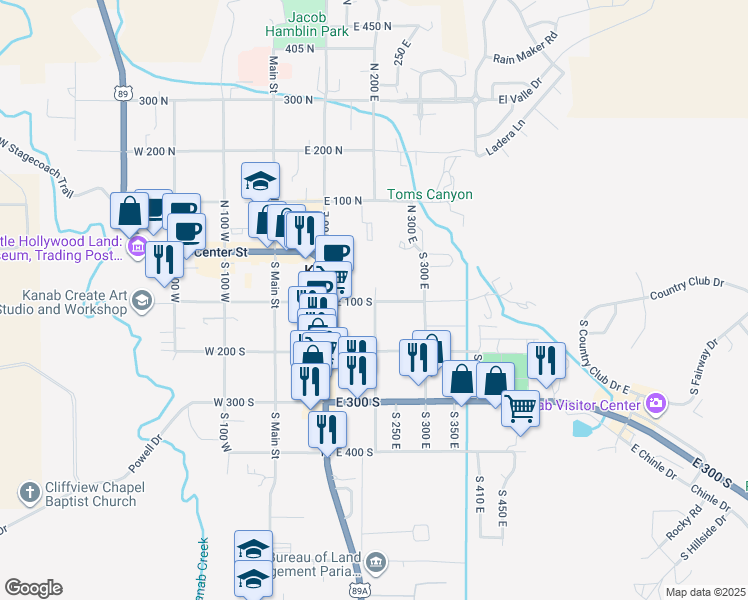 map of restaurants, bars, coffee shops, grocery stores, and more near 199 E 100 S in Kanab