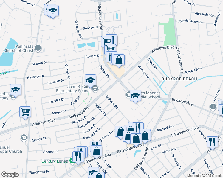 map of restaurants, bars, coffee shops, grocery stores, and more near 2108 Andrews Boulevard in Hampton