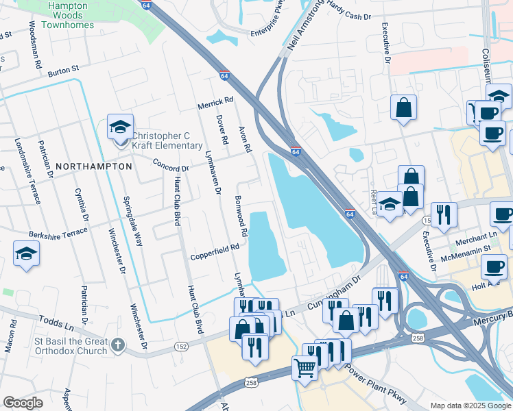 map of restaurants, bars, coffee shops, grocery stores, and more near 1810 Lake View Drive in Hampton