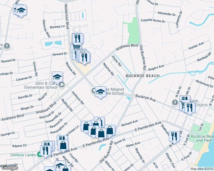 map of restaurants, bars, coffee shops, grocery stores, and more near 2203 Gurley Court in Hampton