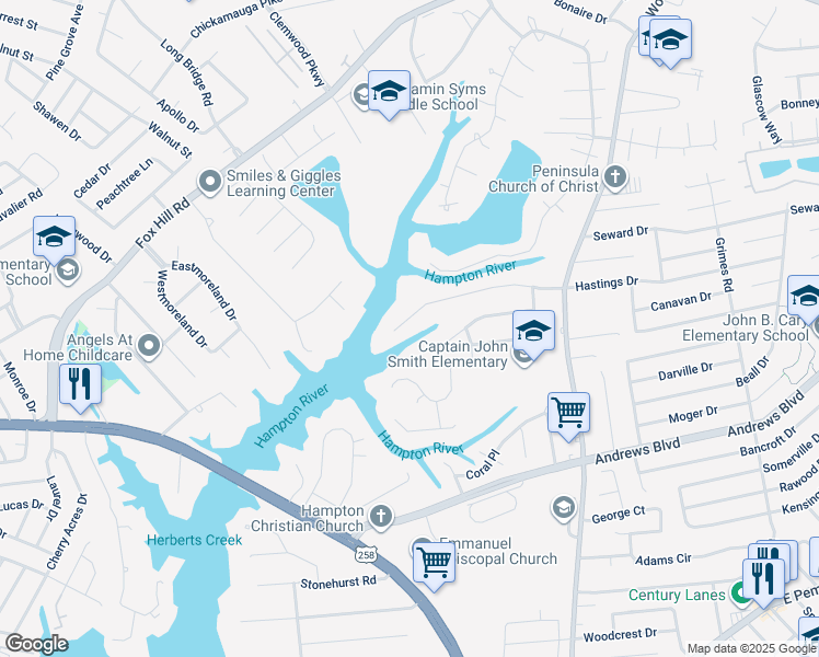 map of restaurants, bars, coffee shops, grocery stores, and more near 306 Woodside Drive in Hampton