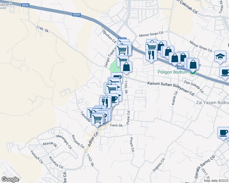 map of restaurants, bars, coffee shops, grocery stores, and more near Adliye Caddesi in Bodrum