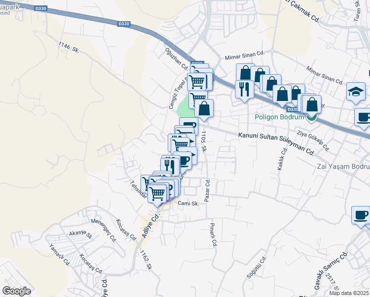map of restaurants, bars, coffee shops, grocery stores, and more near Adliye Caddesi in Bodrum