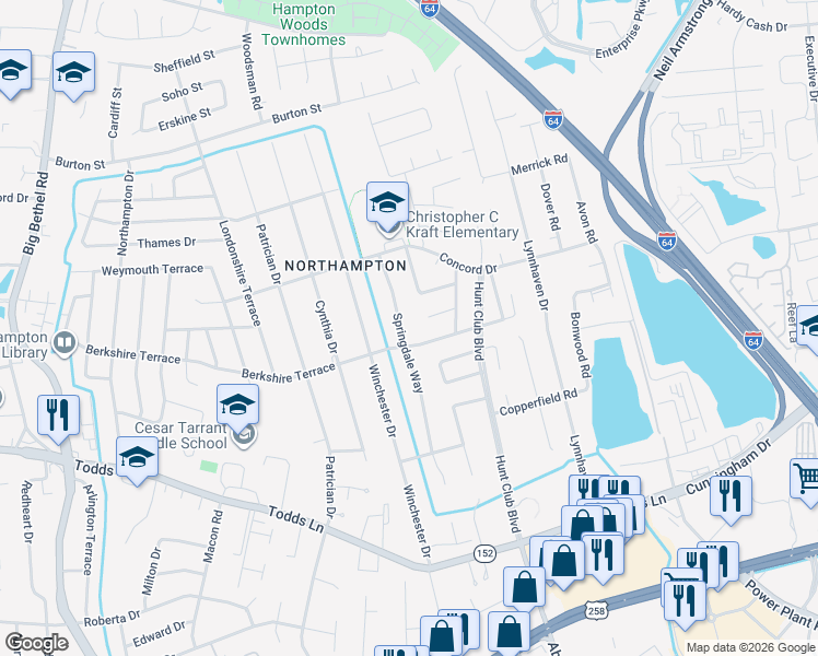 map of restaurants, bars, coffee shops, grocery stores, and more near 210 Springdale Way in Hampton