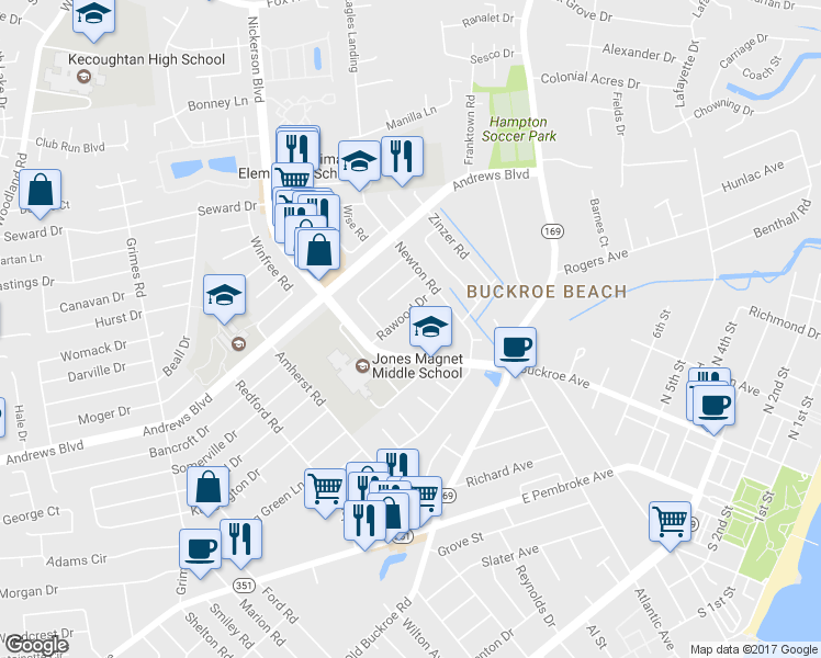 map of restaurants, bars, coffee shops, grocery stores, and more near 2203 Gurley Court in Hampton