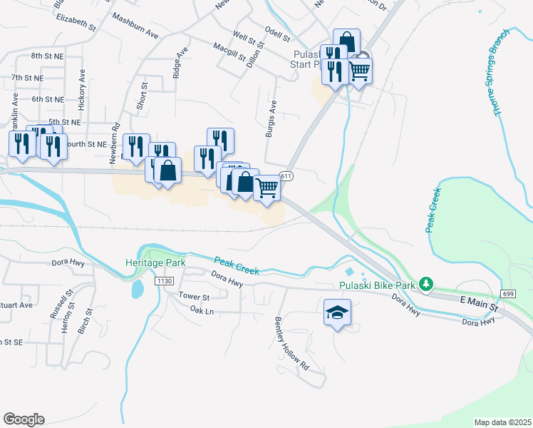 map of restaurants, bars, coffee shops, grocery stores, and more near 1200 East Main Street in Pulaski