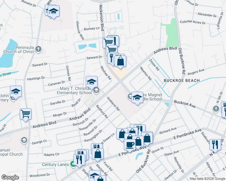 map of restaurants, bars, coffee shops, grocery stores, and more near 2115 Andrews Boulevard in Hampton