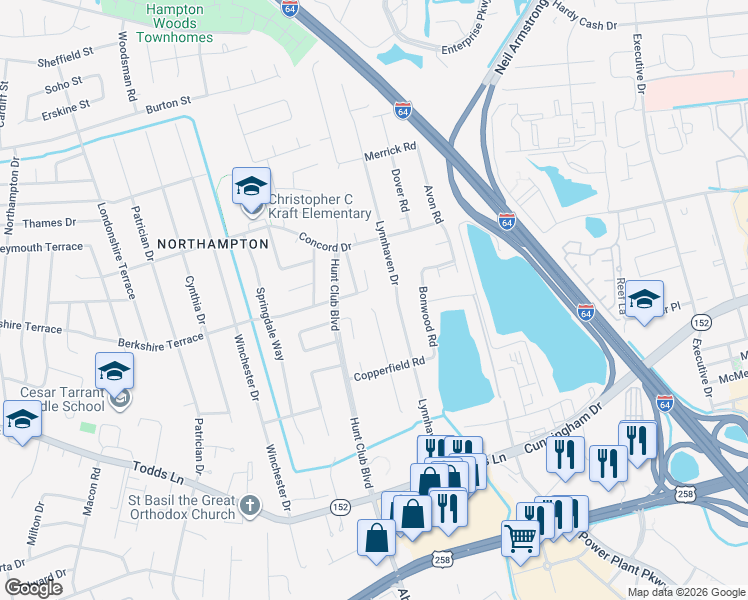 map of restaurants, bars, coffee shops, grocery stores, and more near 6 Beatrice Drive in Hampton