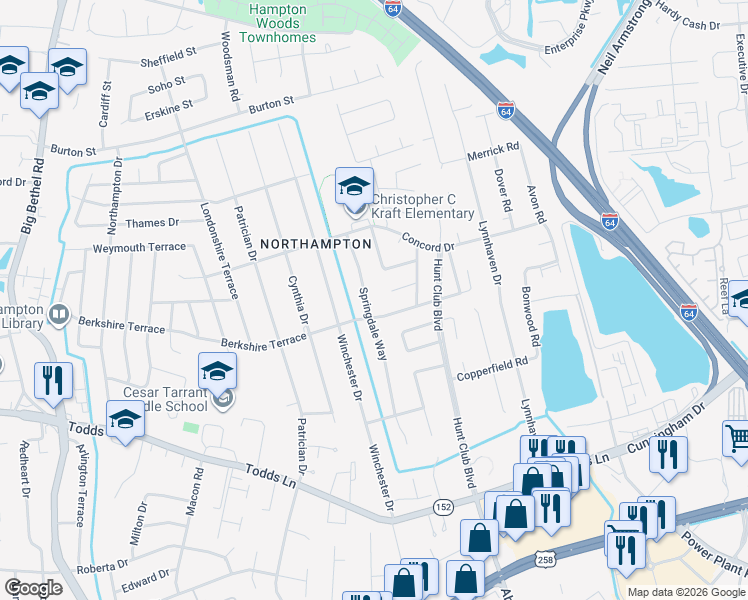 map of restaurants, bars, coffee shops, grocery stores, and more near 210 Springdale Way in Hampton