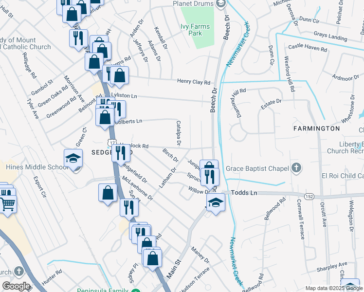 map of restaurants, bars, coffee shops, grocery stores, and more near 507 Latham Drive in Newport News