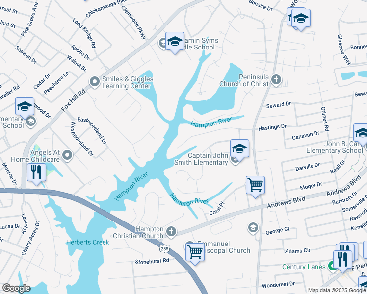 map of restaurants, bars, coffee shops, grocery stores, and more near 306 Woodside Drive in Hampton