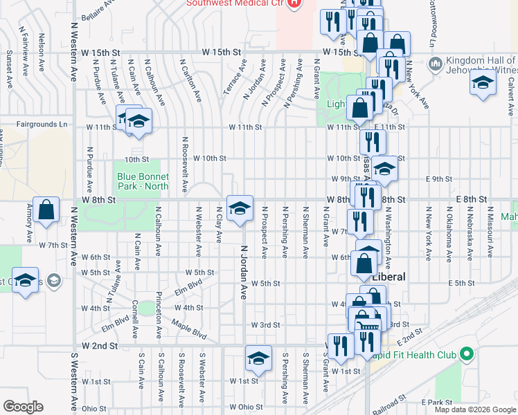 map of restaurants, bars, coffee shops, grocery stores, and more near 501-549 W 8th St in Liberal