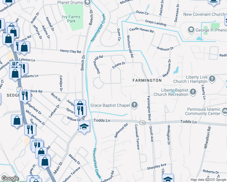 map of restaurants, bars, coffee shops, grocery stores, and more near 53 Estate Drive in Hampton
