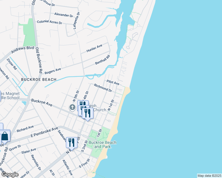 map of restaurants, bars, coffee shops, grocery stores, and more near 300 North 2nd Street in Hampton