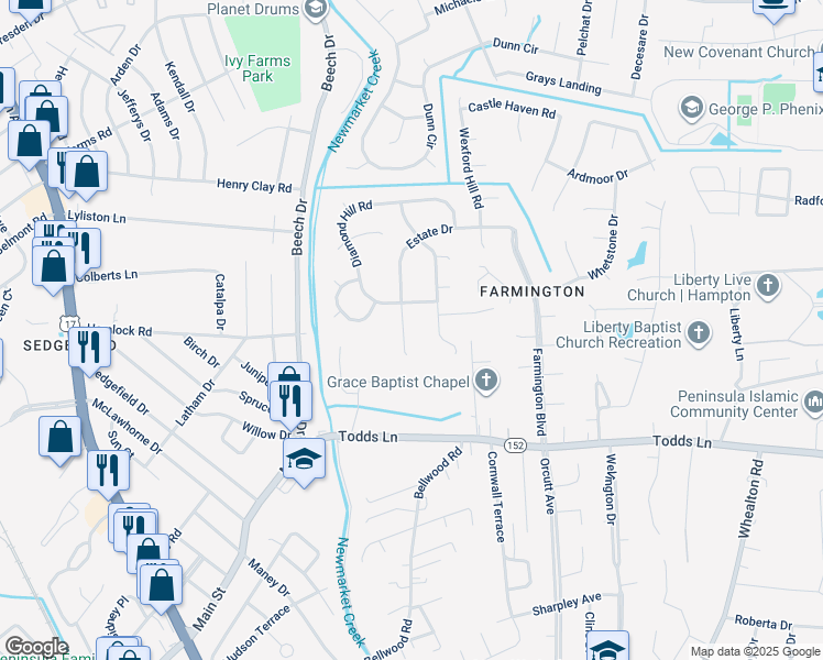 map of restaurants, bars, coffee shops, grocery stores, and more near 53 Estate Drive in Hampton