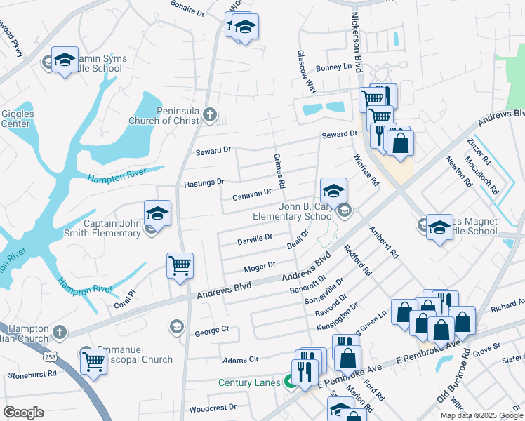 map of restaurants, bars, coffee shops, grocery stores, and more near 1824 Hurst Drive in Hampton