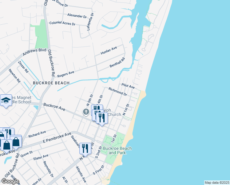map of restaurants, bars, coffee shops, grocery stores, and more near 215 Richmond Drive in Hampton