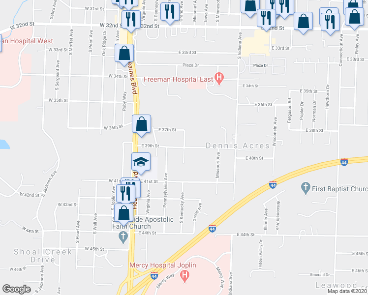 map of restaurants, bars, coffee shops, grocery stores, and more near 398 East 39th Street in Joplin