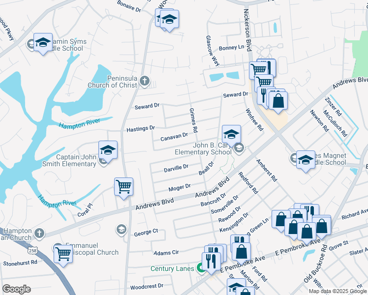 map of restaurants, bars, coffee shops, grocery stores, and more near 1826 Hurst Drive in Hampton