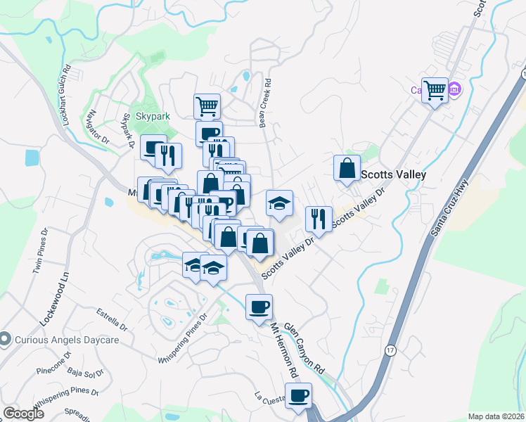 map of restaurants, bars, coffee shops, grocery stores, and more near 81 Bean Creek Road in Scotts Valley