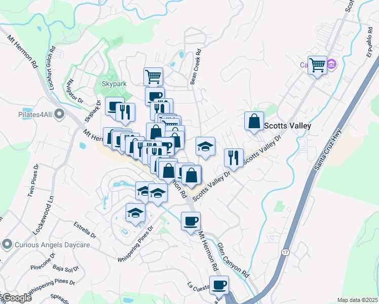 map of restaurants, bars, coffee shops, grocery stores, and more near 111 Bean Creek Road in Santa Cruz