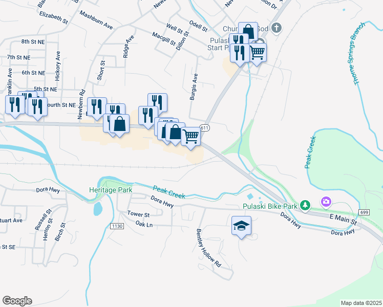 map of restaurants, bars, coffee shops, grocery stores, and more near 1200 East Main Street in Pulaski