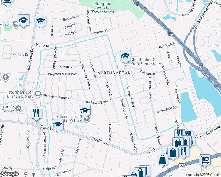map of restaurants, bars, coffee shops, grocery stores, and more near 214 Cynthia Drive in Hampton