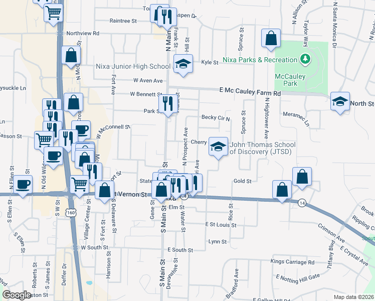 map of restaurants, bars, coffee shops, grocery stores, and more near 202-298 Cherry Street in Nixa