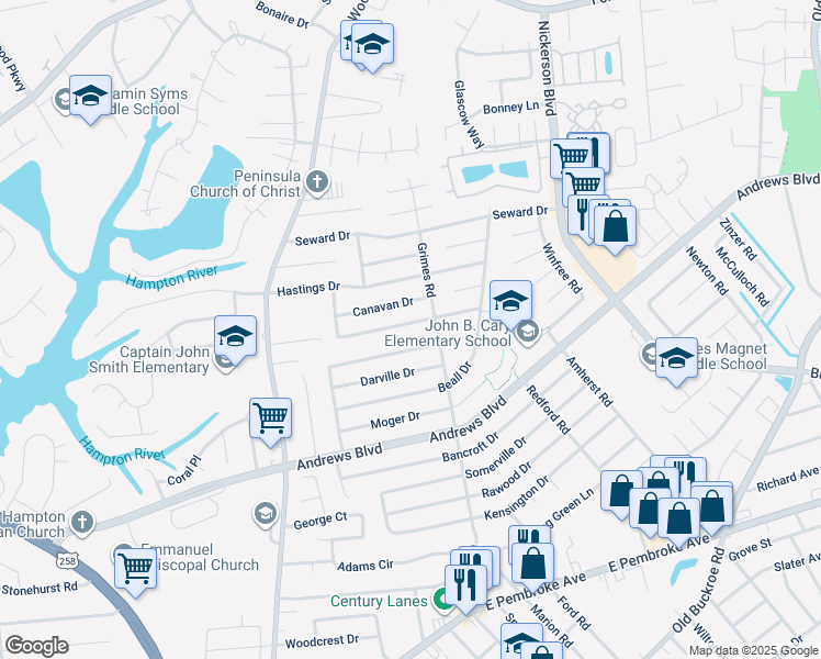 map of restaurants, bars, coffee shops, grocery stores, and more near 1828 Hurst Drive in Hampton