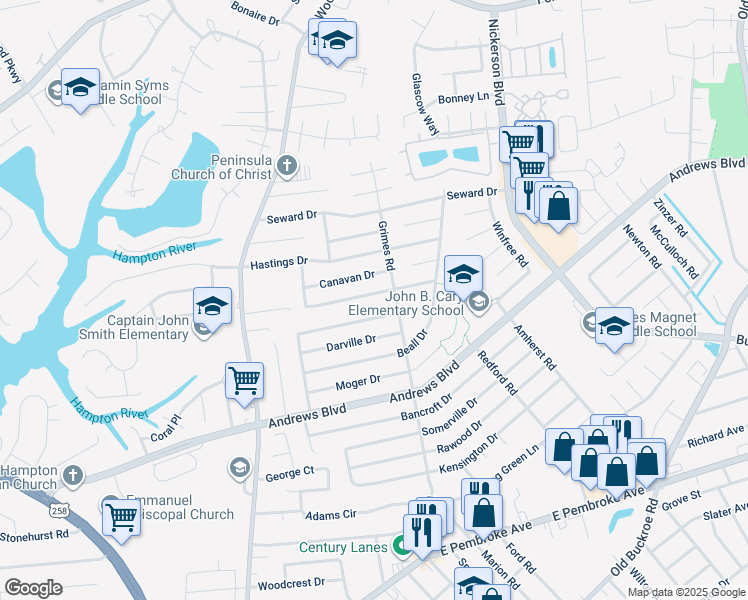 map of restaurants, bars, coffee shops, grocery stores, and more near 1828 Hurst Drive in Hampton