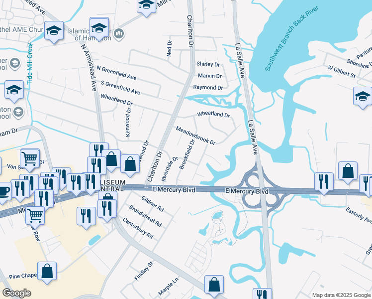 map of restaurants, bars, coffee shops, grocery stores, and more near 21 Brookfield Drive in Hampton