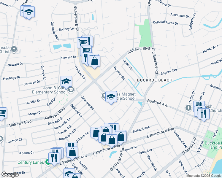 map of restaurants, bars, coffee shops, grocery stores, and more near 1900 Demetro Drive in Hampton
