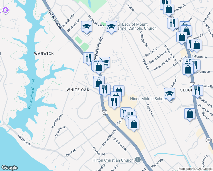 map of restaurants, bars, coffee shops, grocery stores, and more near 11054 Warwick Boulevard in Newport News