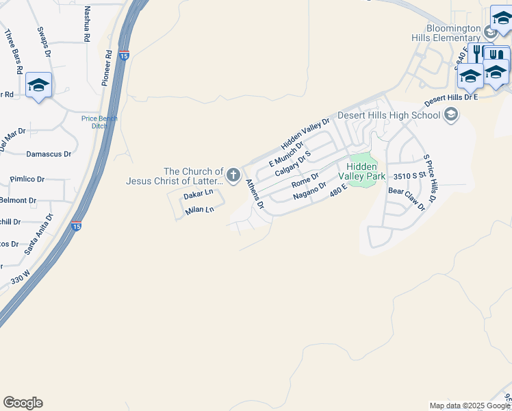 map of restaurants, bars, coffee shops, grocery stores, and more near 3605 South Atlanta Lane in St. George