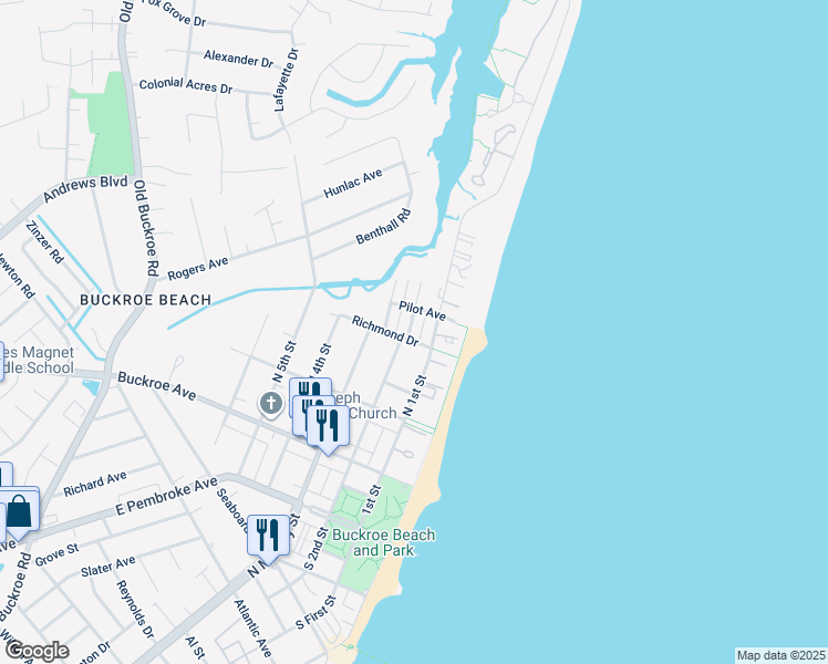 map of restaurants, bars, coffee shops, grocery stores, and more near 300 North 2nd Street in Hampton